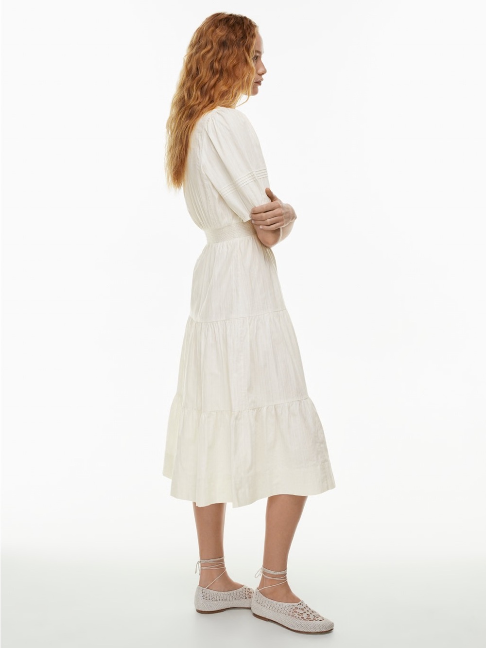 Aritzia Little Moon “Bask” Cream V-Neck Tiered and Smocked Midi Dress